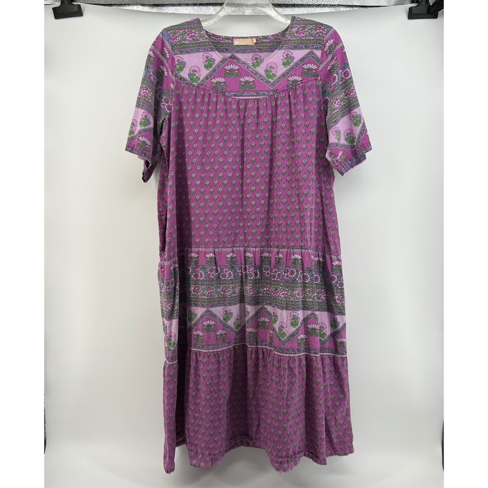 La Cera Nightgown Womens 1X Purple Floral Print 100% Cotton Lounge Boho